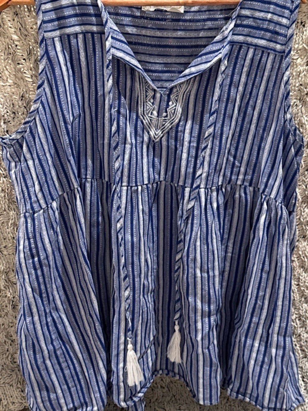 Suzanne Betro Blue and White Striped Sleeveless Tie-Front Tank